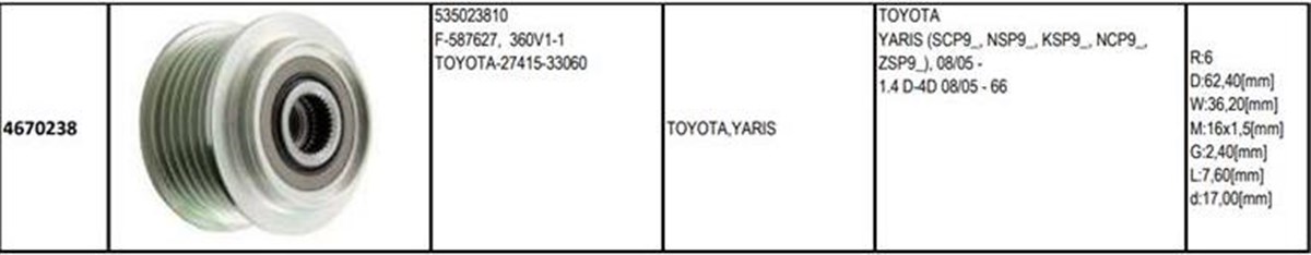 Alt Kasnağı 6Kan Toyota Yaris