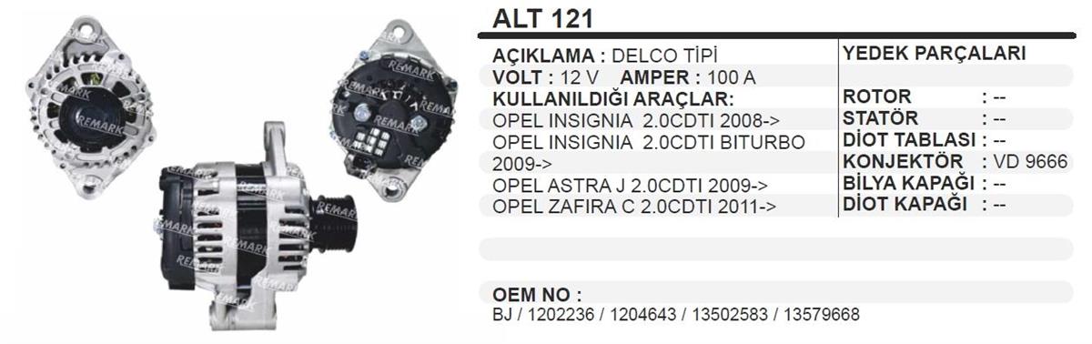 Alternatör 12V 100Ah Opel Astra Alt121