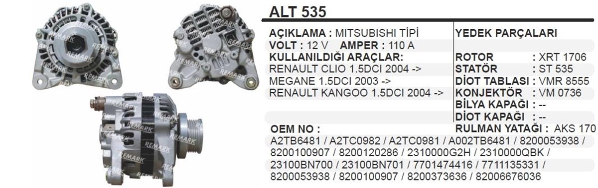 Alternatör 12V 110Ah Clio Kango Megan 1,5 K Sok