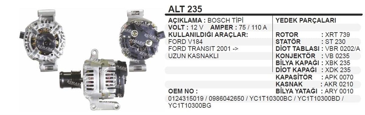 Alternatör 12V 110Ah Ford Transit Minibüs Alt235