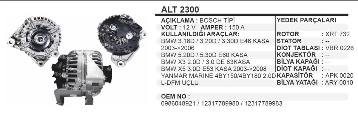 Alternatör 12V 150Ah Bmw 3 20 5 20 X3 X5 2003 Land Rover