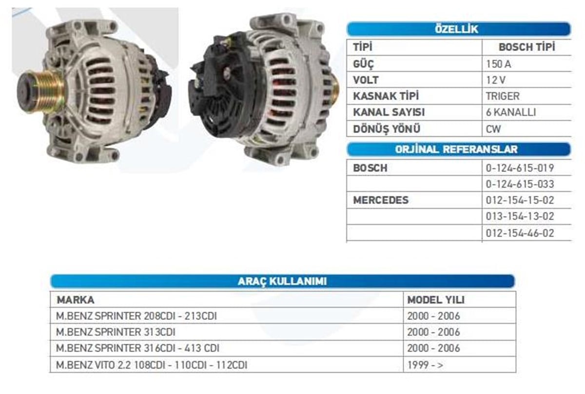 Alternatör 12V 150Ah Mercedes Sprinter