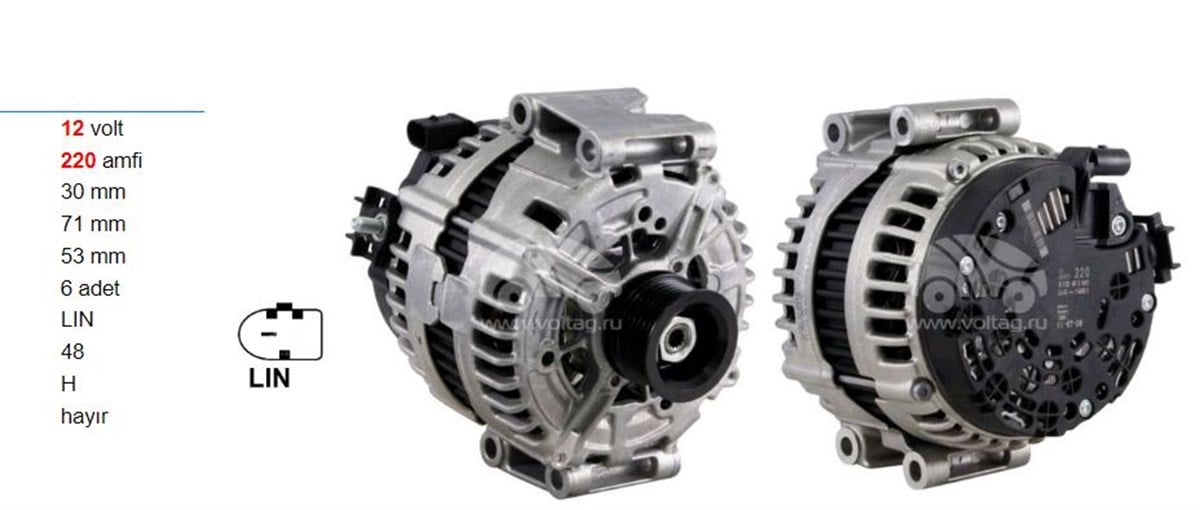 Alternatör 12V 220Ah Mercedes (Bosch Konjektörlü) Sprinter Vito Cl500 Cl63 E350 Ml350 S280 S300 S350 S450 S500