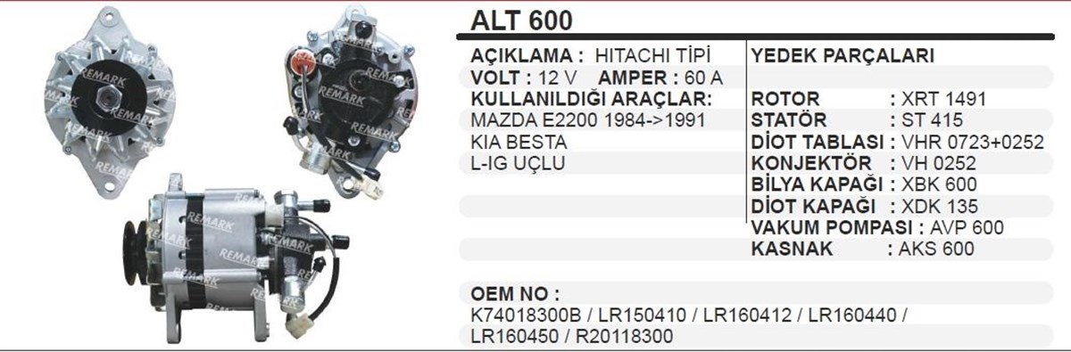 Alternatör 12V 50Ah Mazda 2200 Minibüs Ym Kıa Besta Mazda E2200 Alt600