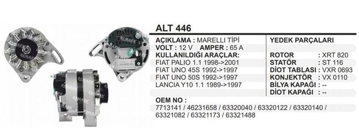 Alternatör 12V 65A Fıat Uno 45S 50S Tipo Palio 1 1 Lancıa