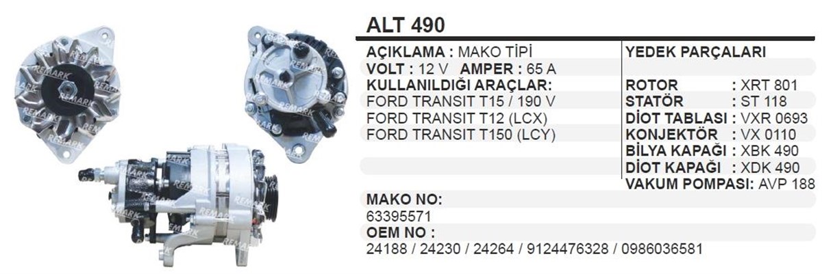 Alternatör 12V 65Ah Vakumlu Makotip T15 Transit