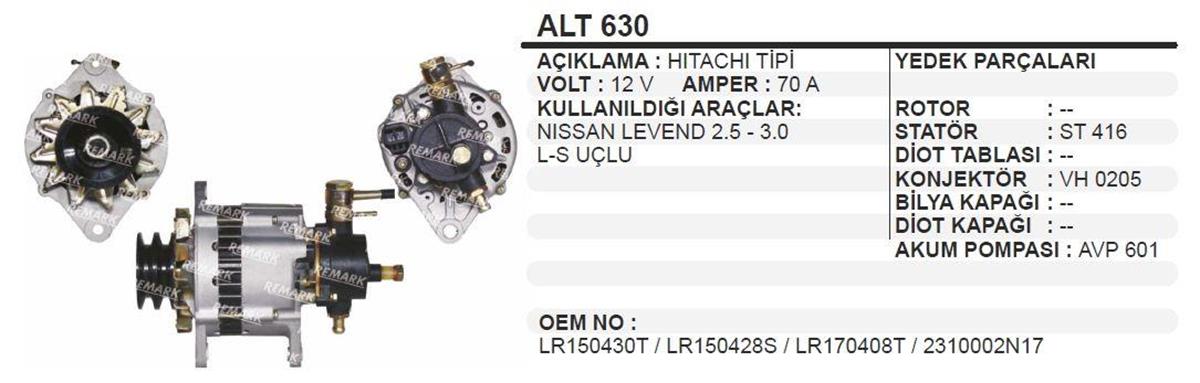 Alternatör 12V 70Ah Bmc Levent Nissan Tata 2Fişli (Büyük Vakum) Kare Soket Alt630 | Schenna Alt630