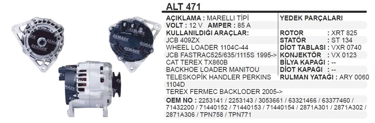 Alternatör 12V 85Ah Jcb Marelli Tip Cat Hidromek Alt471