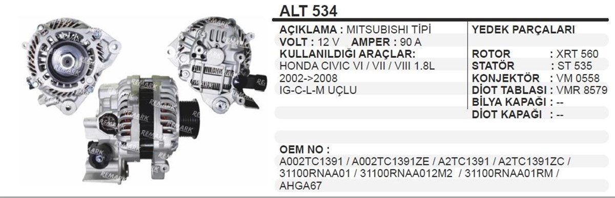 Alternatör 12V 90Ah Honda Cıvıc Vı Vıı Vııı02 08 Ig C L M Uçlu 31100Rnaa01 Alt534