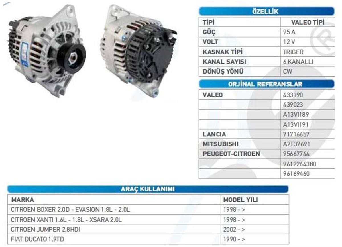 Alternatör 12V 95Ah Pejo Partner Boxer 206 306 Em Cıtroen Jumper Berlingo Partner Fıat Ducato Alt890