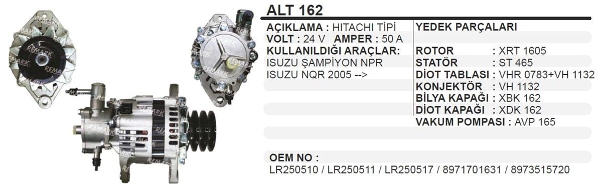 Alternatör 24V 45Ah 3Kanallı Isuzu Champıon Alt162