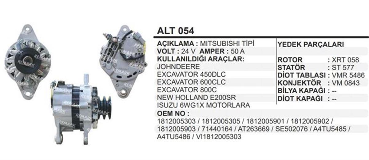 Alternatör 24V 50Ah (2Pk Lı V Kayış) Isuzu Jcb Nh Johndeere Hıtachı Johndeere Excavatör İş Makınası Hıtacı Hidromek Kepçe