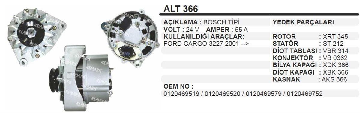 Alternatör 24V 55Ah Ford Cargo 3225 Cargo 3227 01>> İki Ayak Kalın Alt366 | Martek Alt366
