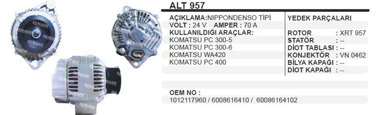 Alternatör 24V 70Ah Komatsu Pc100 Pc200 Pc300 5 Pc300 6 Densotip Komatsu Forklift Komatsu Pc300 Pc400 Alt957 | Remark Alt957