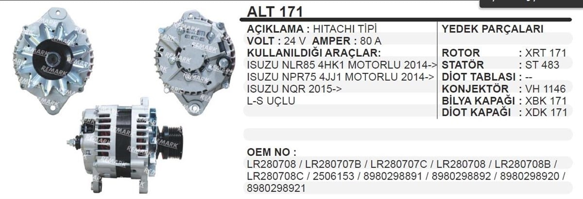 Alternatör 24V 80A Hitachı Tip Isuzu Nqr Npr Ym Vakumsuz