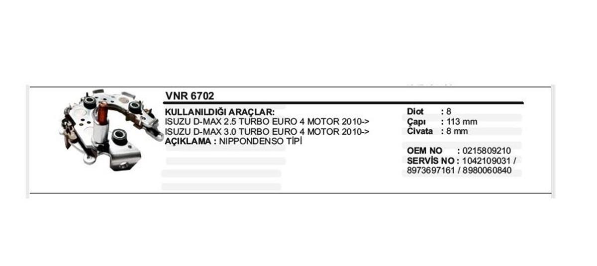 Diyot Tablası 113Mm Isuzu D Max Euro 4 (Vr H20 | Vertex Inr6702