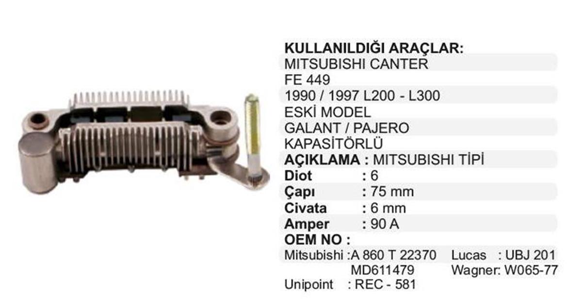 Diyot Tablası 75Mm Mitsubishi Hyundai H100 L200 L300 75 Mm Rm20 Rec581 | Pars Imr7564