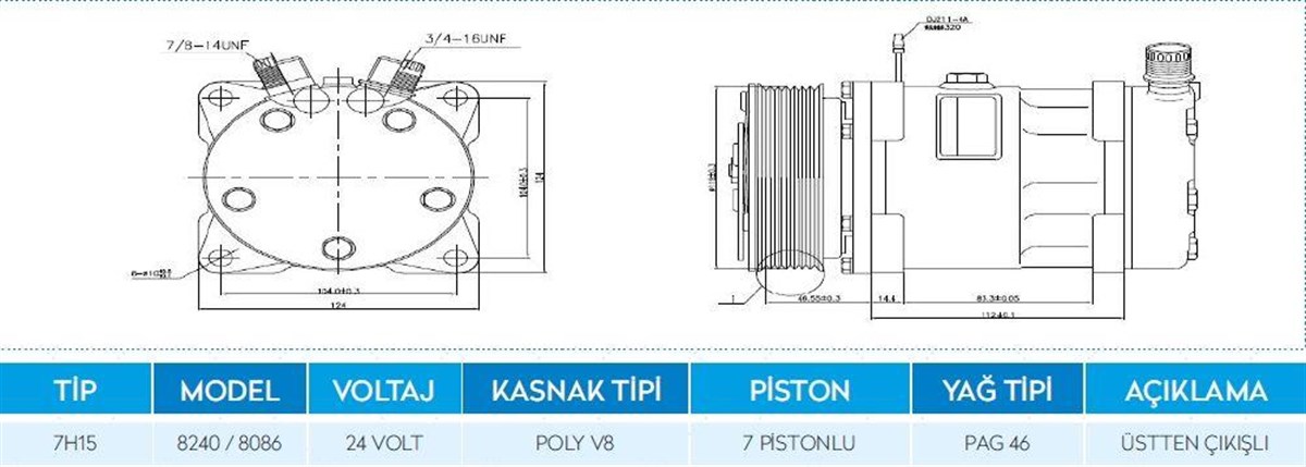 Klima Kompresörü 24V 7H15 8Pk Triger Üstten Çıkış İnce Kalın