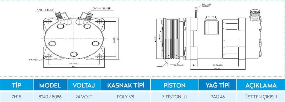 KLİMA KOMPRESÖRÜ 24V 7H15 TRİGER KAYIŞ ÜSTEN