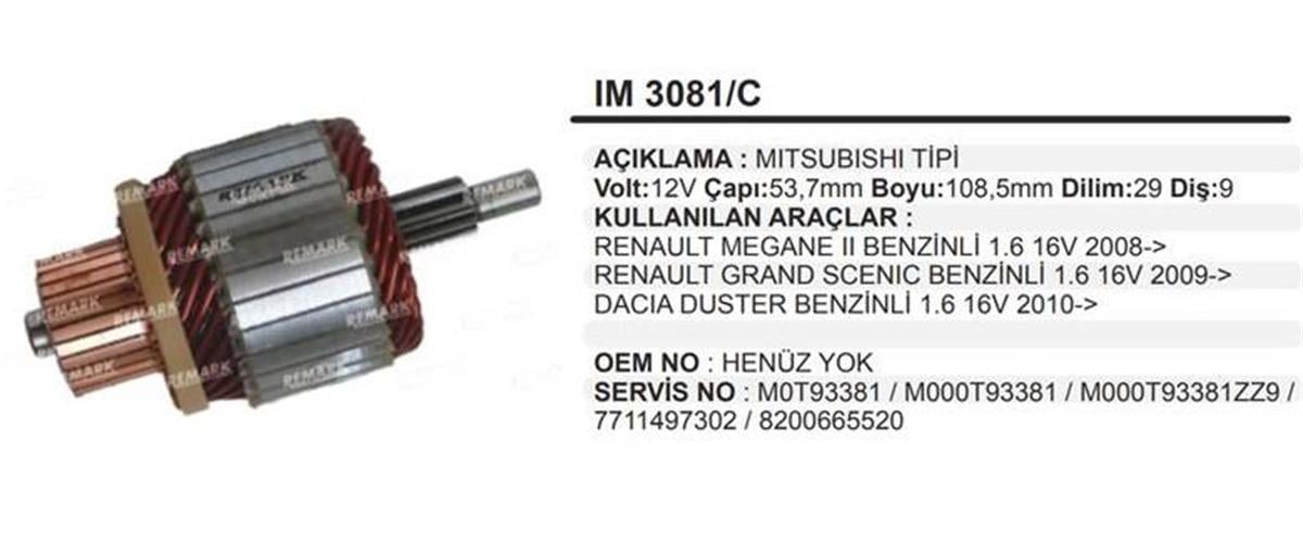 Marş Kollektörü 12V 9Diş Mıtsubishi Tipi Renault Megane 3 Dacia Duster 2 Logan | Remark Im3081c