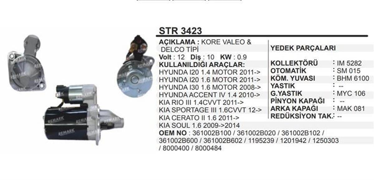 Marş Motoru 12V 10Diş Hyundaı İ20 İ30 Sportage Kore | Martek Str3423