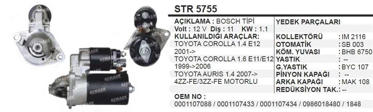 Marş Motoru 12V 11Diş 1 1 Kw Bosch T Avensıs