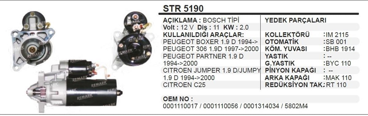 Marş Motoru 12V 11Diş Pejo Partner Boxer