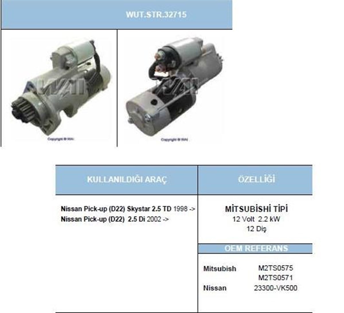 Marş Motoru 12V 12Diş Nissan D22 Skystar Navara Kıngcab D22 02   Umm3219