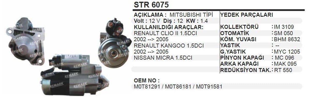 Marş Motoru 12V 12Diş Renault Clio Kango 1 5 Dci  Nissan Mikra Dacia Str6075