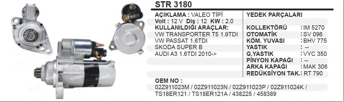 Marş Motoru 12V 12Diş Vw Transporter T5 1 9 Tdı Passat 1 6 Skoda Super B Audı A3 2 0Kw