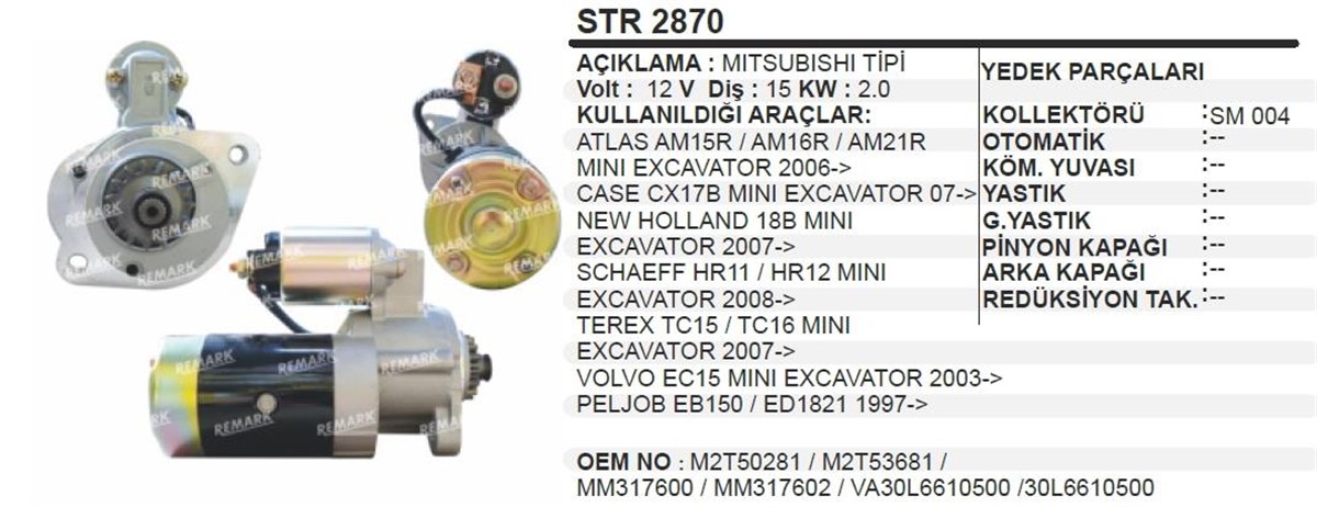 Marş Motoru 12V 15Diş Atlas Mini Excavatör Doosan Dx15   Dx18   Solar Erex Tc16/Volvo Ec15/Case Cx17b Excavatör  Newholland