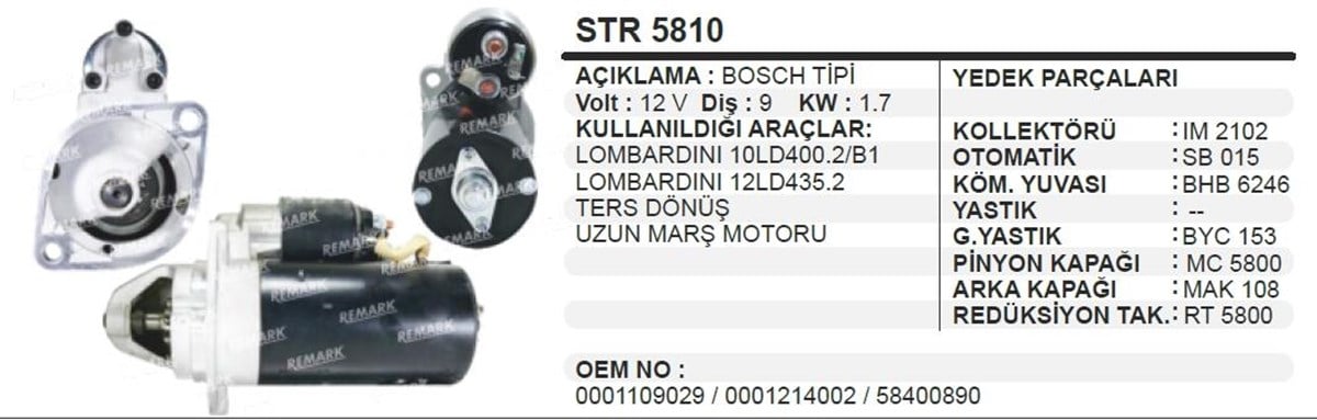 Marş Motoru 12V 9Diş 1 7Kw Ters Lombardin Pancar Str5810 Uzun Tip