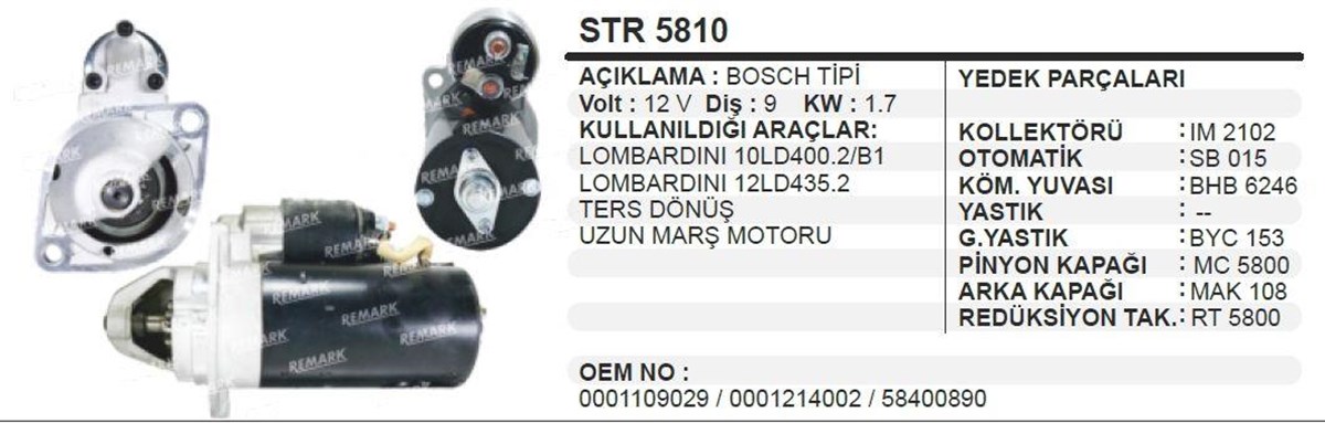 Marş Motoru 12V 9Diş 1 7Kw Ters Lombardin Pancar Str5810 Uzun Tip
