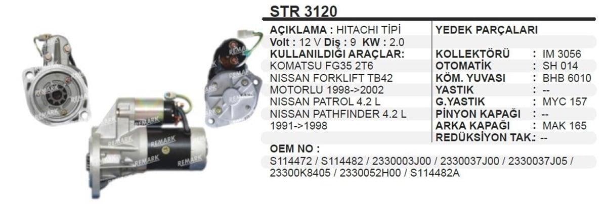 Marş Motoru 12V 9Diş 2,0 Kw Forklift Nıssan Patro Komatsu Patrol Pathfınder 9D 2Kw Hıtachı Nissan Forklift
