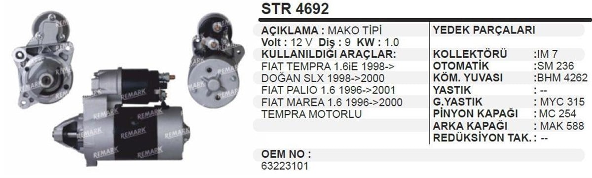 Marş Motoru 12V 9Diş Fıat Tempra Dogan Slx Palio Marea  101 