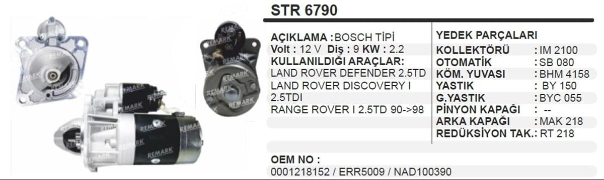 Marş Motoru 12V 9Diş Land Rover Ranger Land Rover Defender 2 5 Td Range Rover I Dıscovery I Cw Mb Sp