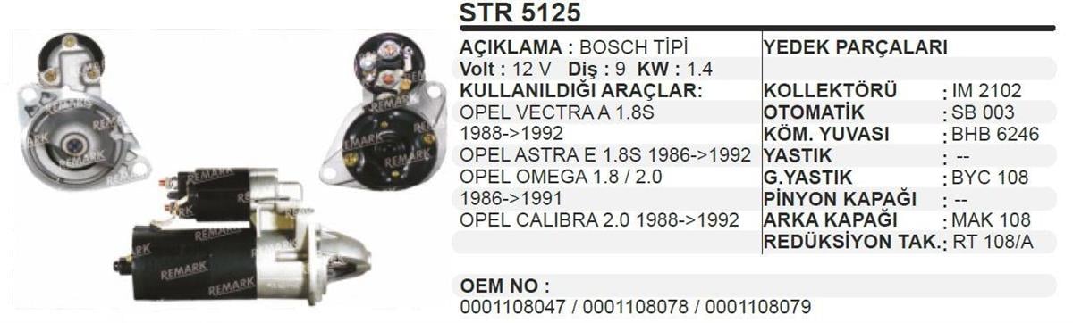 Marş Motoru 12V 9Diş Opel Vectra A Omega 1 8 2 0 Calıbra Str5125 | Dodo Str5125