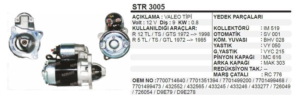 Marş Motoru 12V 9Diş R12 Toros Trafık Str3005 Valeo432565 Remark Str3314 Güçlendirilmiş | Schenna Str3005