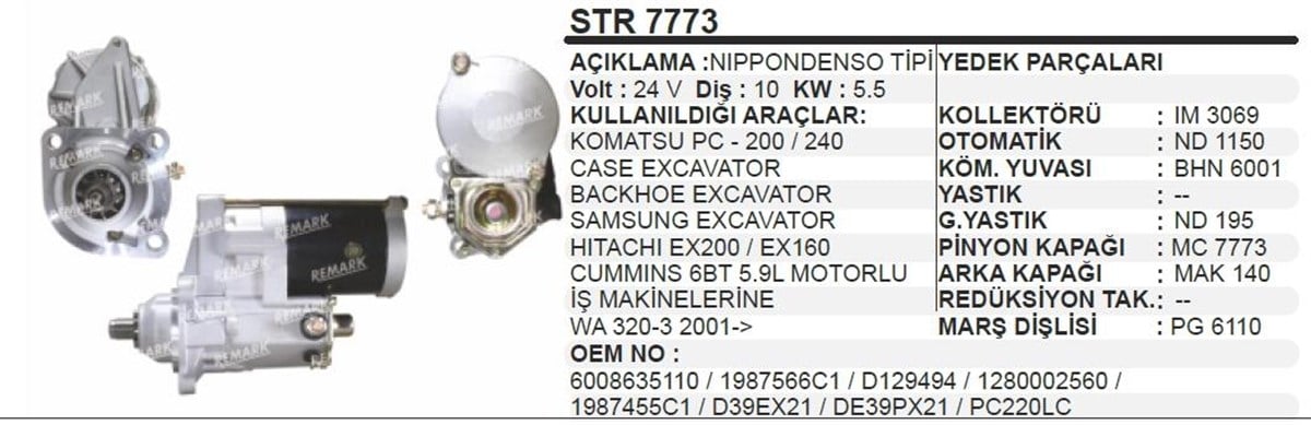 Marş Motoru 24V 10Diş Cummins Komatsu Caterpillar Komatso Wa320 Pc200 Pc220 Cummins Excavatör Str7773