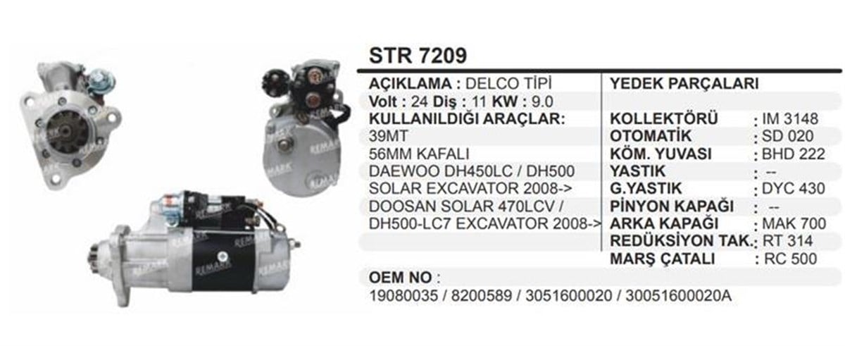 Marş Motoru 24V 11Diş 39Mt Daewoo/Doosan Dh5daewoo Dh450lc Dh500 Solar Excavatör 2008 Doosan Solar Dh500 Excavatör