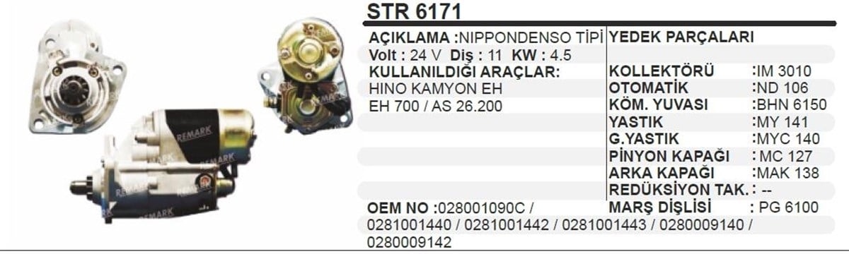 Marş Motoru 24V 11Diş Hino Kamyon 26200 Eh 700 Kırkayak Toyota Forklift Str6171