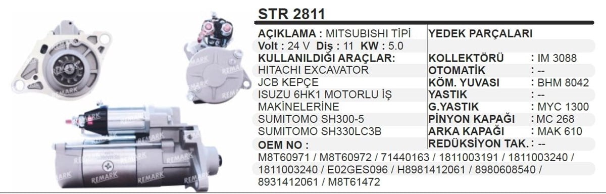 Marş Motoru 24V 11Diş Jcb Isuzu İş Mak Hıtachı Excavatör Jcb Kepçe Isuzu 6Hk1 İş Makinası 2811I Suzu Jeneratör Excavatör Isuzu