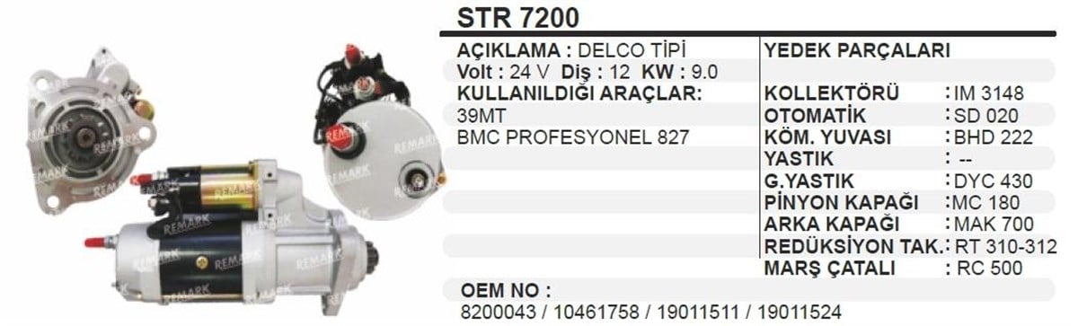 Marş Motoru 24V 12Diş Bmc Prof 827 39Mt Str7200