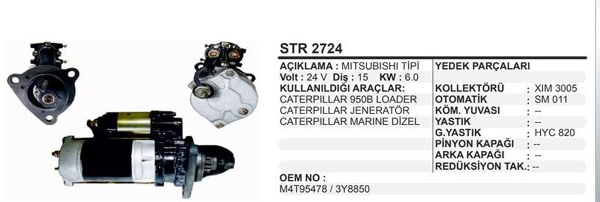 Marş Motoru 24V 15Diş Caterpiller 950B Jeneratör D7g Buldozer Marine Dizel Arkadan Şaseli Cıvatalı Leoder