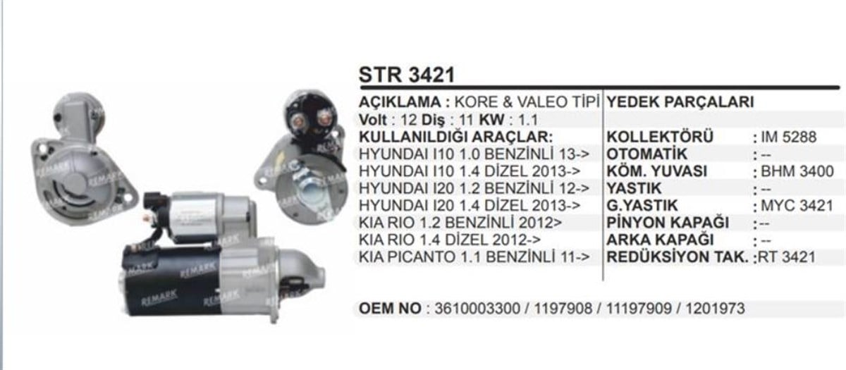 Marş Motoru Valeo Tip Hyundai İ10 İ20 Kia Rio
