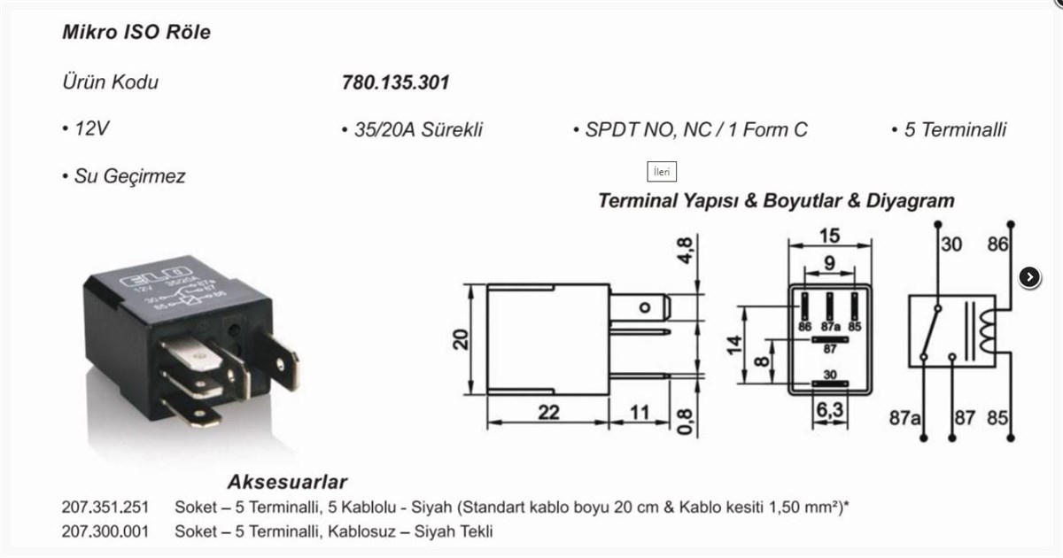 Mikro Röle 24V 35A 20A Çift Platin Changeover Su Geçirmez