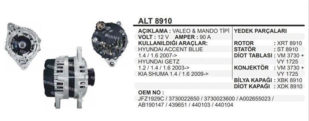 REMARKALT8910-Alternatör Dinamo