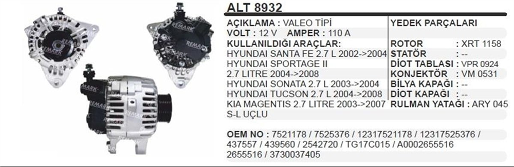 REMARKALT8932-Alternatör Dinamo