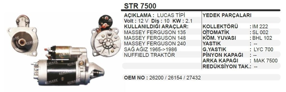 REMARKSTR7500-Marş Motoru - Marş Dinamosu