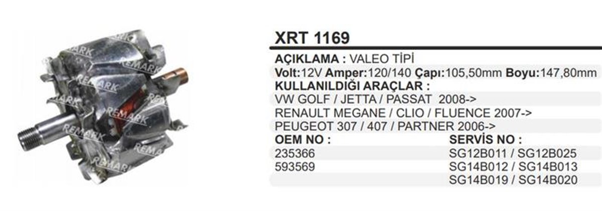 Rotor 12V 120A 140A Vw Renault Peugeot Partner Golf Passat Megan Clıo Partner Xrt1169